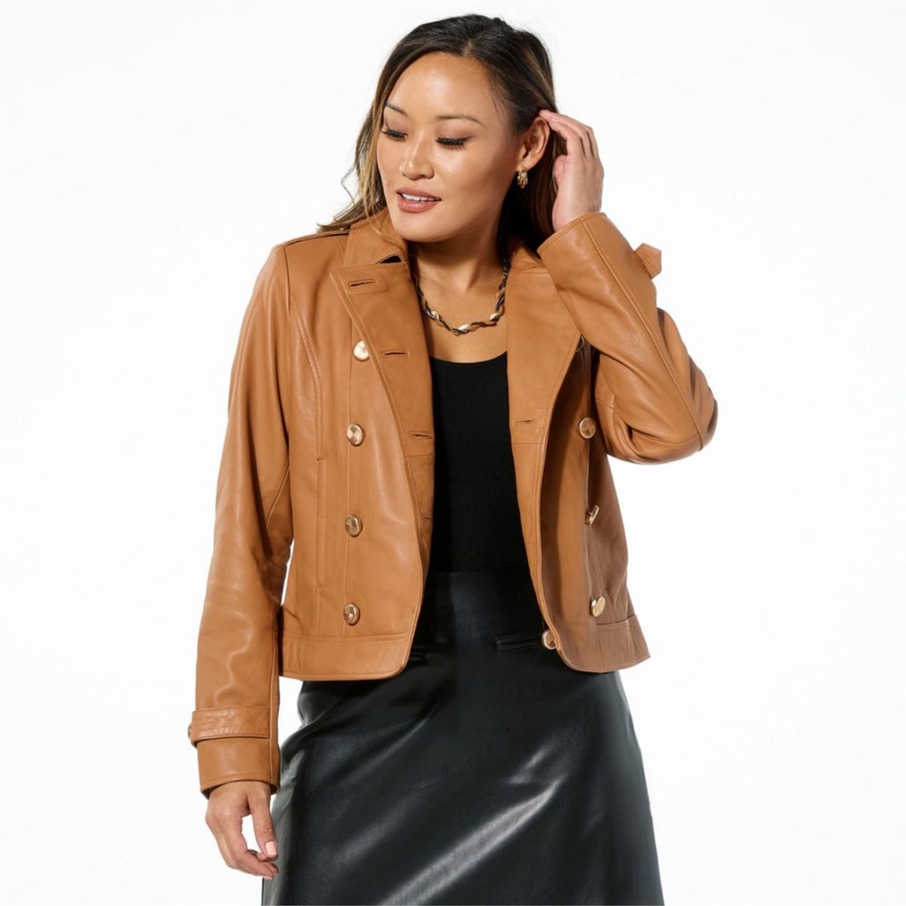 NWT G by Giuliana Double-Breasted Tan Leather Jacket M